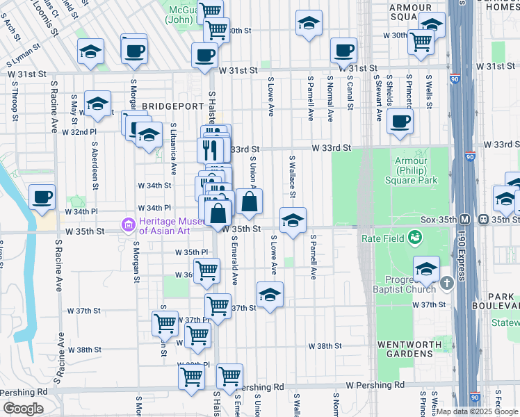 map of restaurants, bars, coffee shops, grocery stores, and more near 3419 South Union Avenue in Chicago