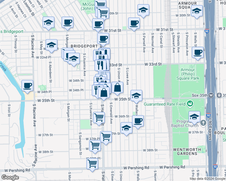 map of restaurants, bars, coffee shops, grocery stores, and more near 3422 South Emerald Avenue in Chicago