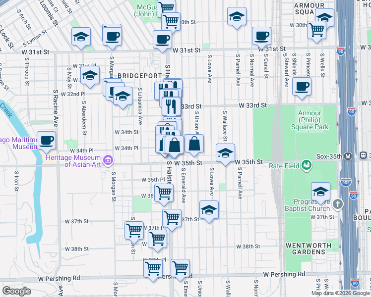 map of restaurants, bars, coffee shops, grocery stores, and more near 3422 South Emerald Avenue in Chicago