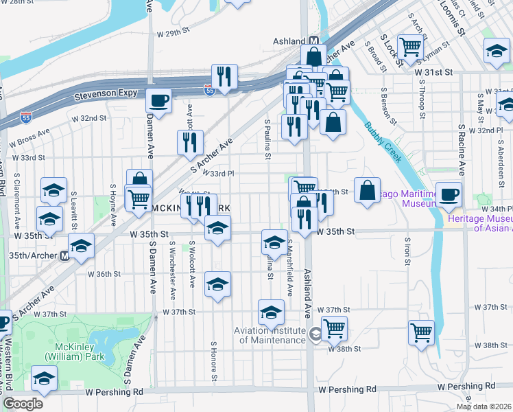 map of restaurants, bars, coffee shops, grocery stores, and more near 3407 South Hermitage Avenue in Chicago