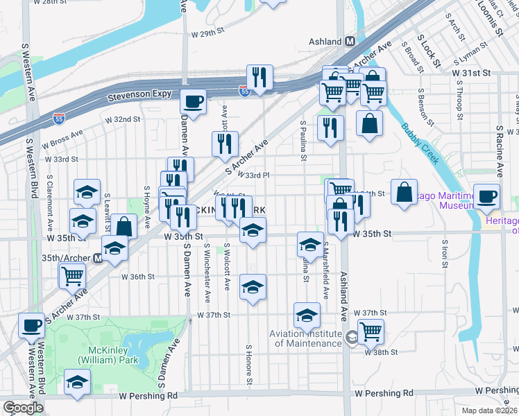 map of restaurants, bars, coffee shops, grocery stores, and more near 3410 South Wood Street in Chicago
