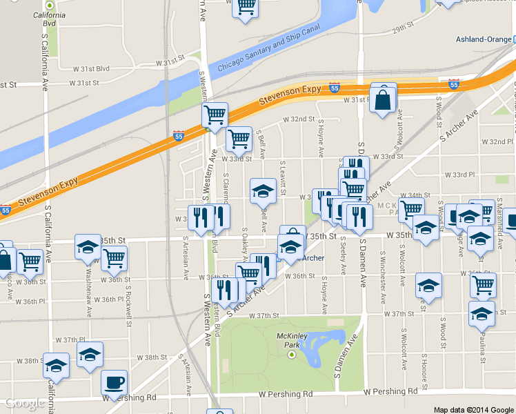 map of restaurants, bars, coffee shops, grocery stores, and more near 3401 South Oakley Avenue in Chicago