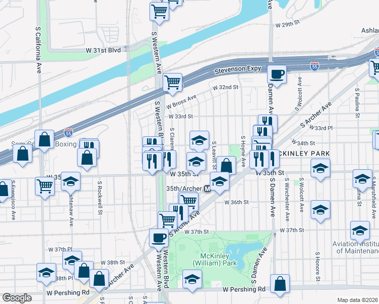 map of restaurants, bars, coffee shops, grocery stores, and more near 3401 South Oakley Avenue in Chicago