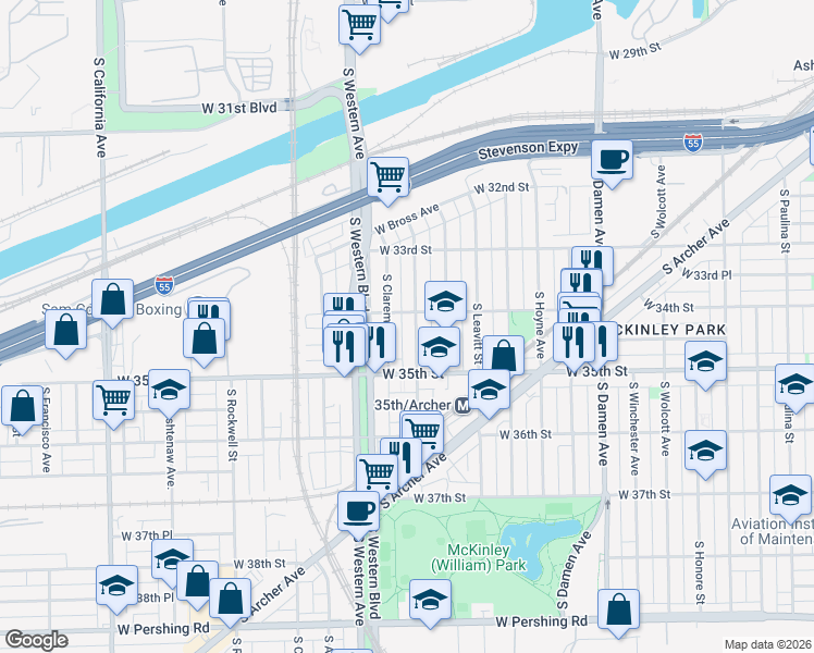 map of restaurants, bars, coffee shops, grocery stores, and more near 3401 South Oakley Avenue in Chicago
