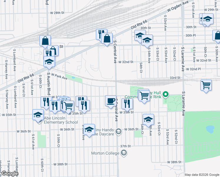 map of restaurants, bars, coffee shops, grocery stores, and more near 5636 West Park Avenue in Cicero