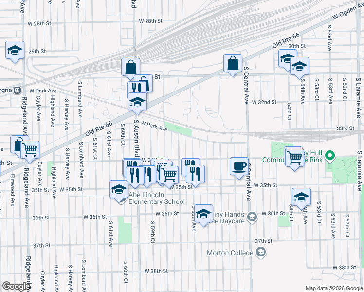 map of restaurants, bars, coffee shops, grocery stores, and more near 3266 South 58th Court in Cicero
