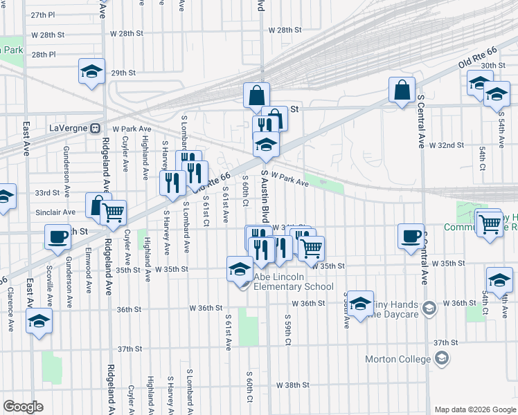 map of restaurants, bars, coffee shops, grocery stores, and more near 3301 South 60th Court in Cicero