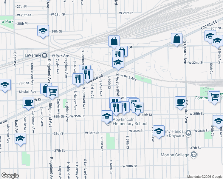 map of restaurants, bars, coffee shops, grocery stores, and more near 3301 South 60th Court in Cicero