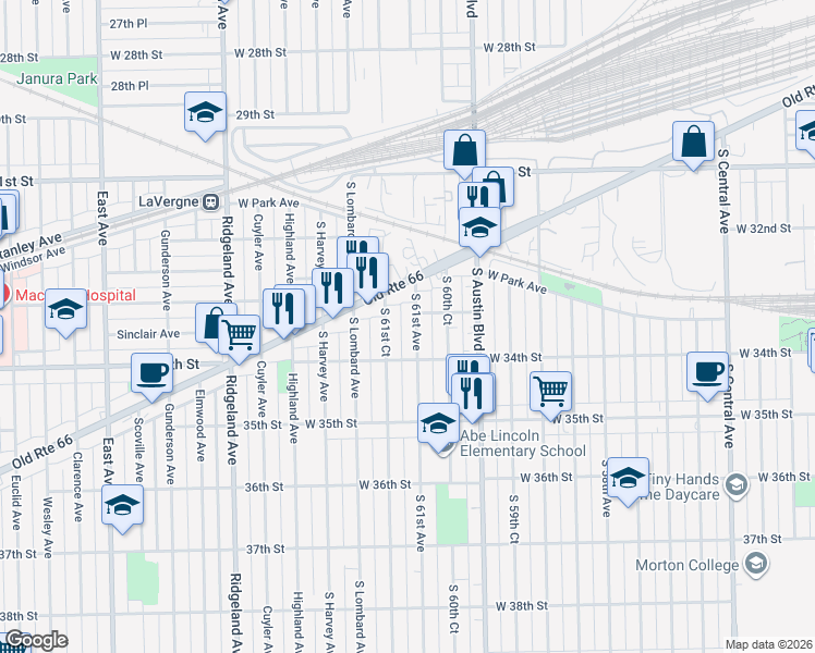 map of restaurants, bars, coffee shops, grocery stores, and more near 3301 South 61st Avenue in Cicero
