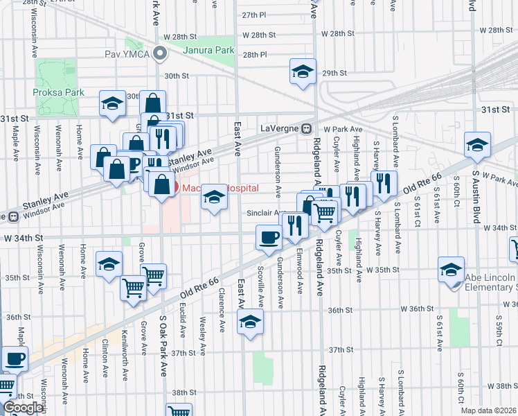 map of restaurants, bars, coffee shops, grocery stores, and more near 6512 33rd Street in Berwyn