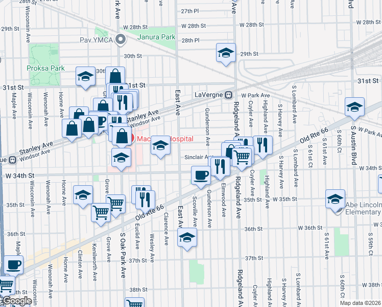 map of restaurants, bars, coffee shops, grocery stores, and more near 6540 33rd Street in Berwyn