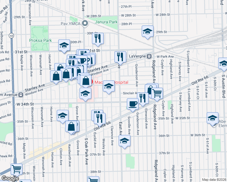 map of restaurants, bars, coffee shops, grocery stores, and more near 3313 Clarence Avenue in Berwyn