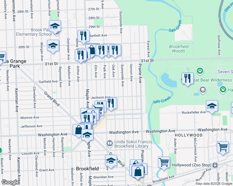 map of restaurants, bars, coffee shops, grocery stores, and more near 3229 Oak Avenue in Brookfield