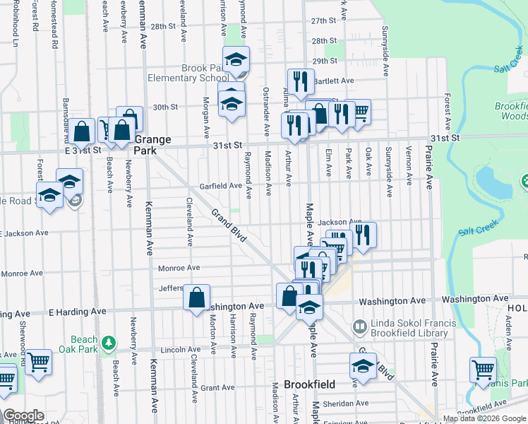 map of restaurants, bars, coffee shops, grocery stores, and more near 3223 Raymond Avenue in Brookfield