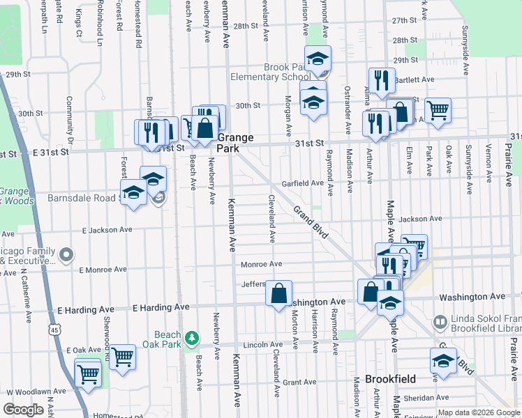 map of restaurants, bars, coffee shops, grocery stores, and more near 9504 Lexington Avenue in Brookfield