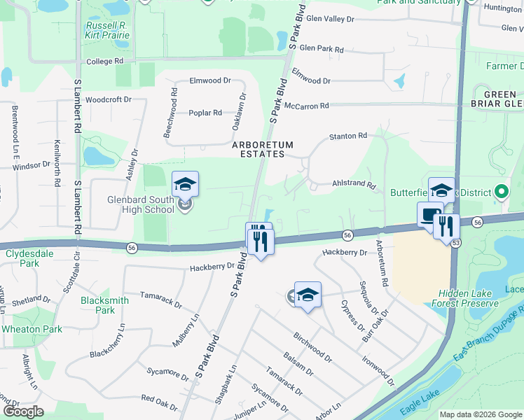 map of restaurants, bars, coffee shops, grocery stores, and more near 25701 Parkview Drive in Glen Ellyn
