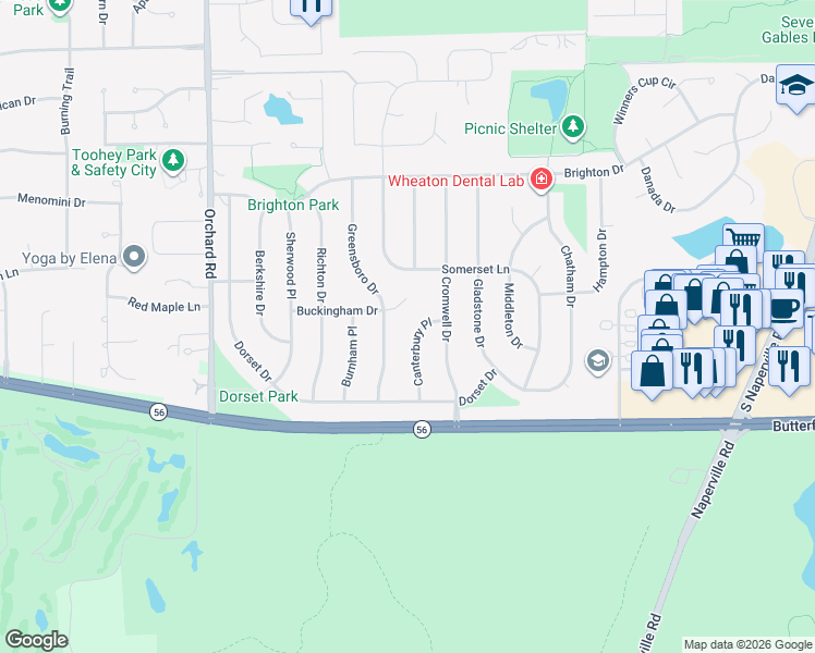 map of restaurants, bars, coffee shops, grocery stores, and more near 744 Buckingham Court in Wheaton