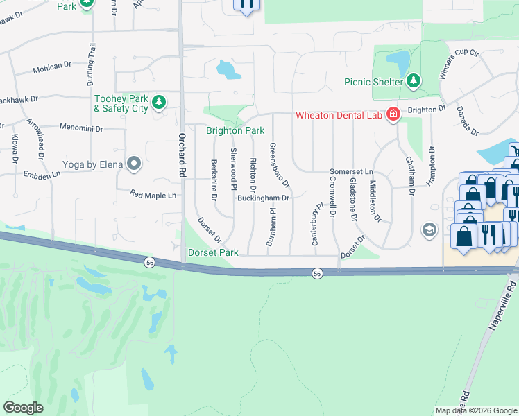 map of restaurants, bars, coffee shops, grocery stores, and more near 1102 Buckingham Drive in Wheaton