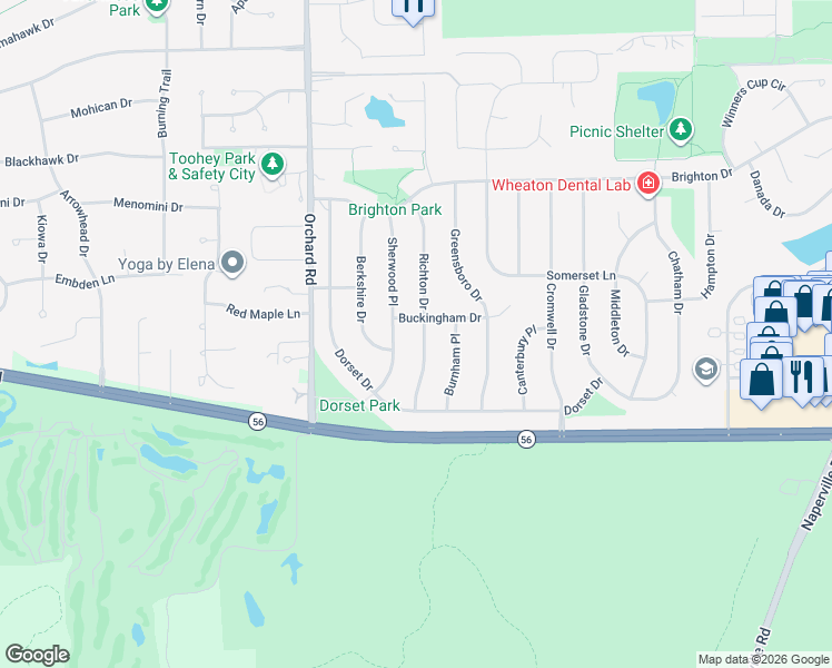 map of restaurants, bars, coffee shops, grocery stores, and more near 1102 Buckingham Drive in Wheaton