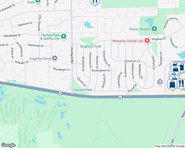 map of restaurants, bars, coffee shops, grocery stores, and more near 1102 Buckingham Drive in Wheaton