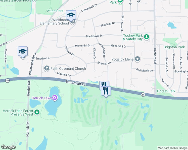 map of restaurants, bars, coffee shops, grocery stores, and more near 2S620 Kiowa Drive in Wheaton