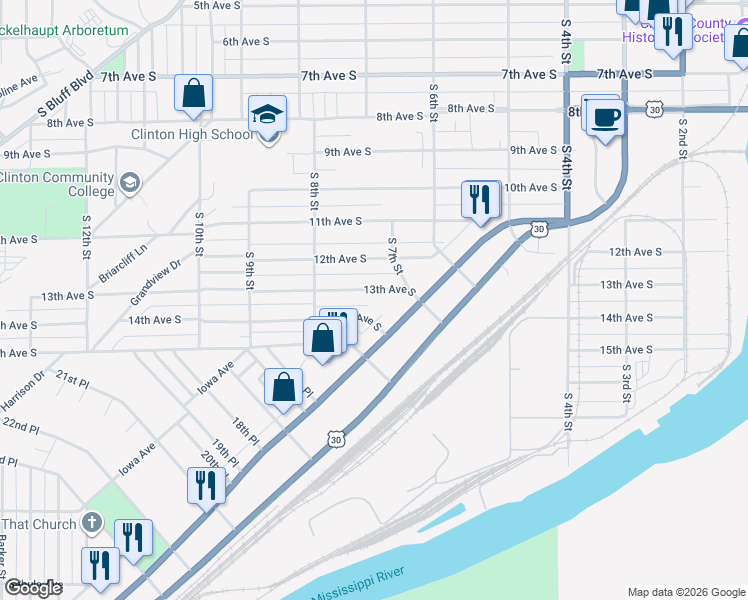 map of restaurants, bars, coffee shops, grocery stores, and more near 601-799 13th Ave S in Clinton