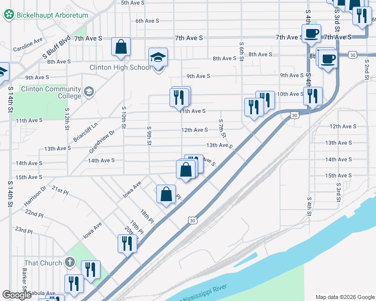 map of restaurants, bars, coffee shops, grocery stores, and more near 601-799 13th Ave S in Clinton