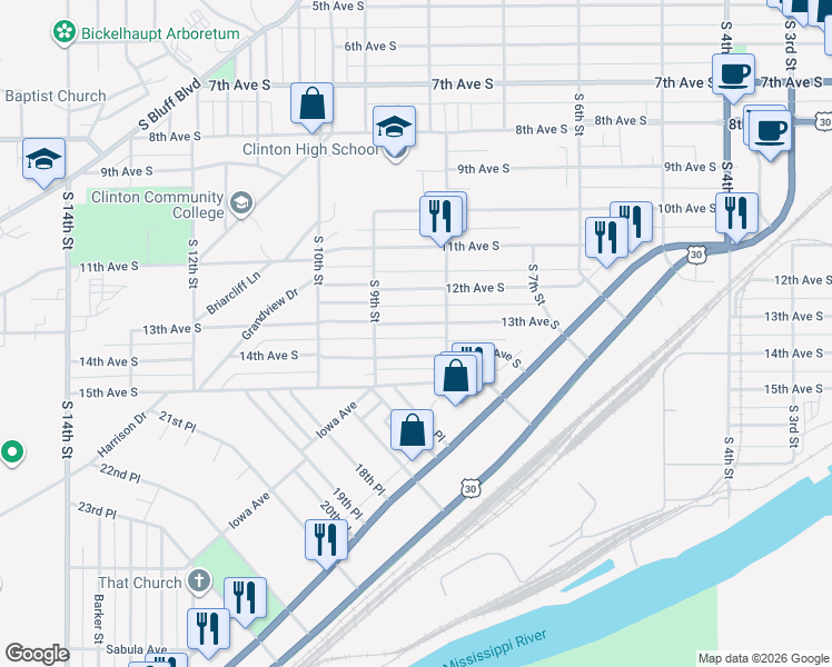 map of restaurants, bars, coffee shops, grocery stores, and more near 800-834 13th Avenue South in Clinton