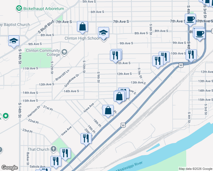 map of restaurants, bars, coffee shops, grocery stores, and more near 800-834 13th Avenue South in Clinton