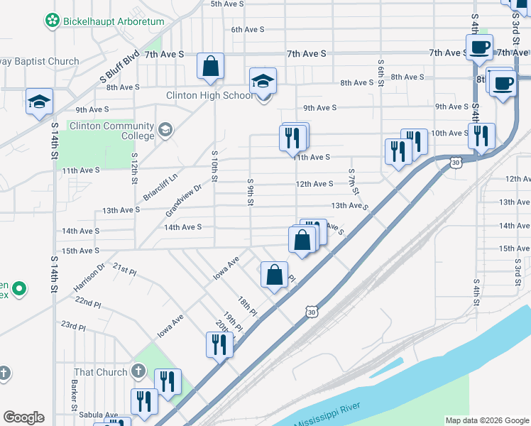 map of restaurants, bars, coffee shops, grocery stores, and more near 800-834 13th Avenue South in Clinton