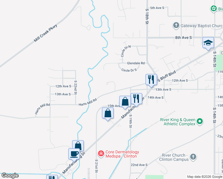 map of restaurants, bars, coffee shops, grocery stores, and more near 2001 South Bluff Boulevard in Clinton