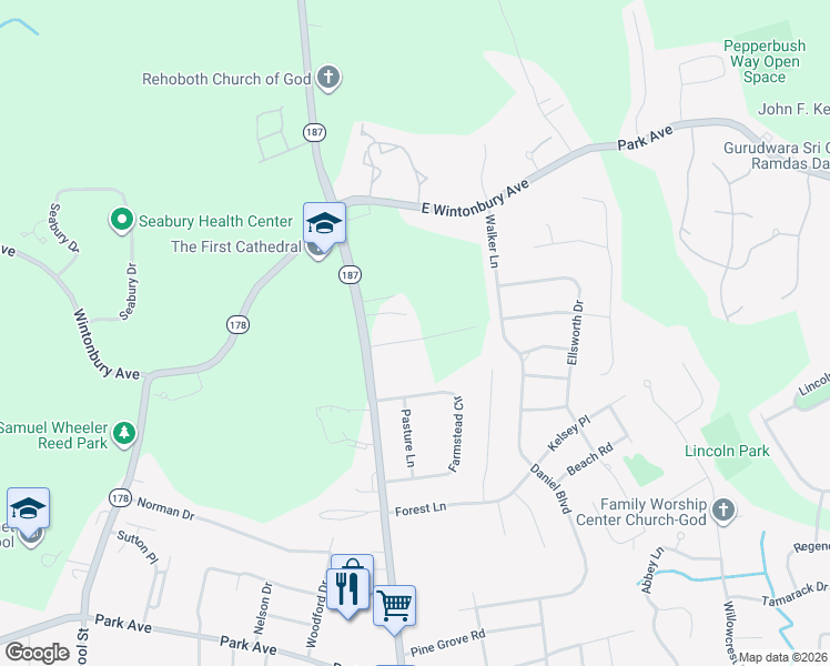 map of restaurants, bars, coffee shops, grocery stores, and more near 14 Lyman Lane in Bloomfield