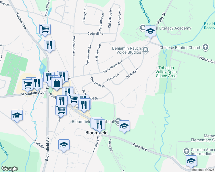 map of restaurants, bars, coffee shops, grocery stores, and more near 11 Crestview Drive in Bloomfield