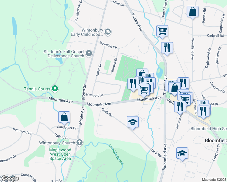 map of restaurants, bars, coffee shops, grocery stores, and more near 23 Newport Drive in Bloomfield