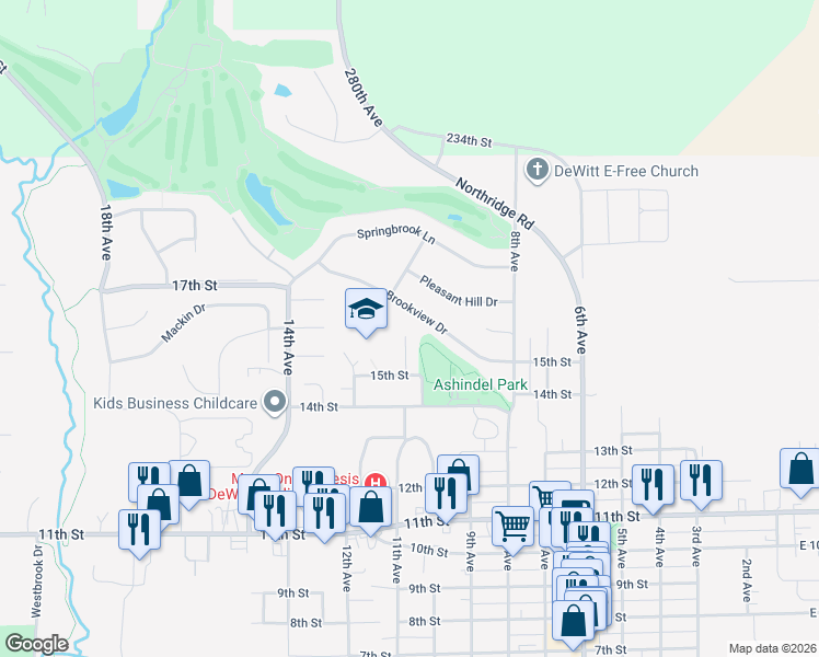 map of restaurants, bars, coffee shops, grocery stores, and more near 801-1099 Brookview Drive in DeWitt