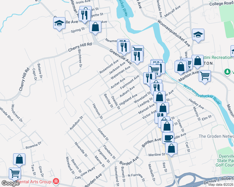 map of restaurants, bars, coffee shops, grocery stores, and more near 32 Oneida Street in Johnston