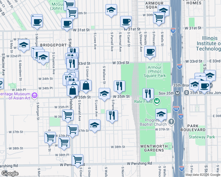 map of restaurants, bars, coffee shops, grocery stores, and more near 3420 South Parnell Avenue in Chicago