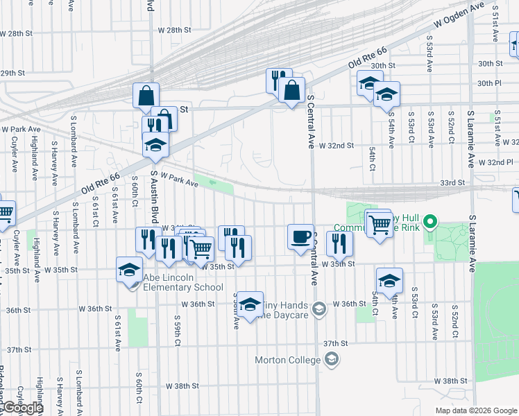 map of restaurants, bars, coffee shops, grocery stores, and more near 3307 West Park Avenue in Cicero