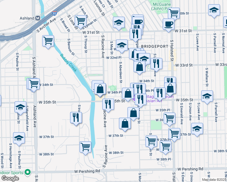map of restaurants, bars, coffee shops, grocery stores, and more near 1122 West 34th Place in Chicago