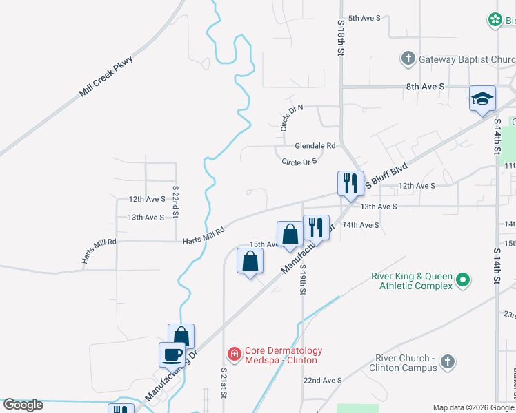 map of restaurants, bars, coffee shops, grocery stores, and more near 2001 South Bluff Boulevard in Clinton