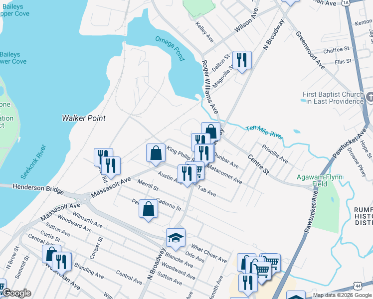 map of restaurants, bars, coffee shops, grocery stores, and more near 33 Larchmere Drive in East Providence