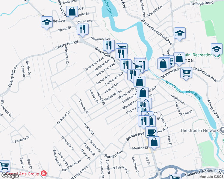 map of restaurants, bars, coffee shops, grocery stores, and more near 36 Fairmount Avenue in Johnston