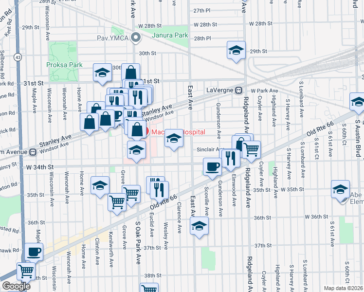 map of restaurants, bars, coffee shops, grocery stores, and more near 3313 Clarence Avenue in Berwyn
