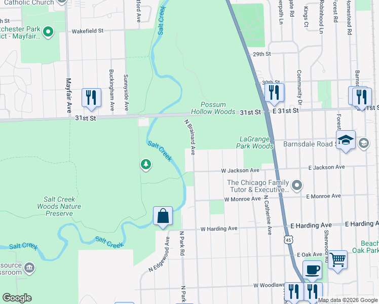 map of restaurants, bars, coffee shops, grocery stores, and more near 934 North Brainard Avenue in La Grange Park