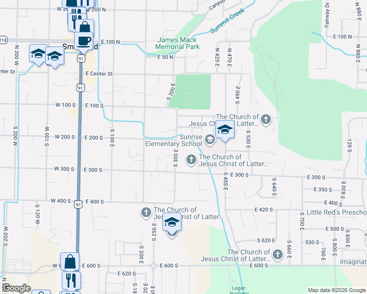 map of restaurants, bars, coffee shops, grocery stores, and more near 210 South 300 East in Smithfield