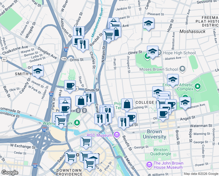 map of restaurants, bars, coffee shops, grocery stores, and more near 71 Benefit Street in Providence
