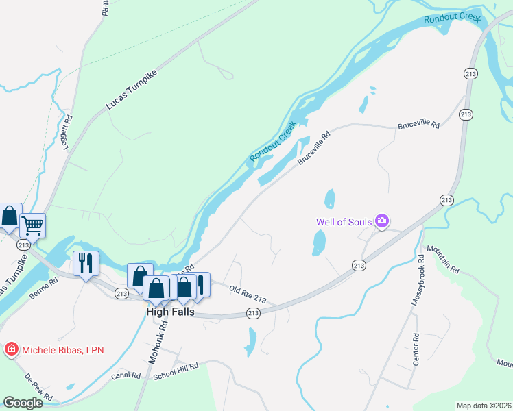 map of restaurants, bars, coffee shops, grocery stores, and more near 58-65 Bruceville Rd in High Falls