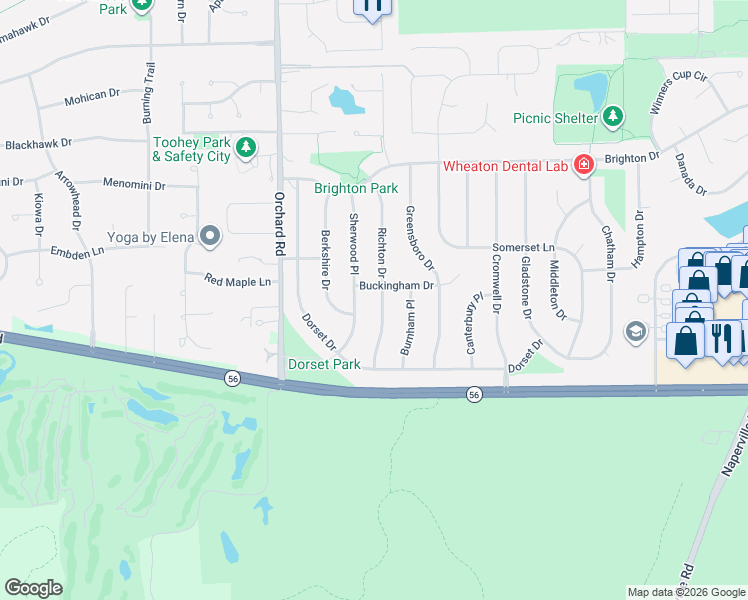 map of restaurants, bars, coffee shops, grocery stores, and more near 1102 Buckingham Drive in Wheaton