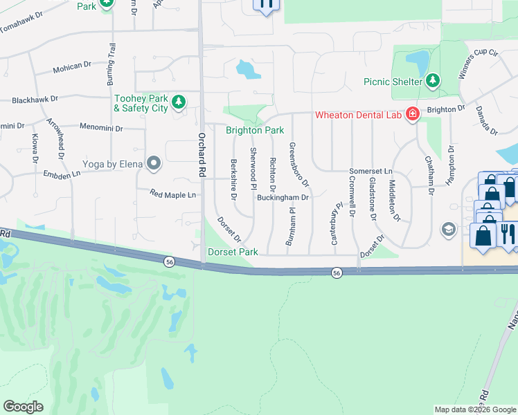 map of restaurants, bars, coffee shops, grocery stores, and more near 1102 Buckingham Drive in Wheaton