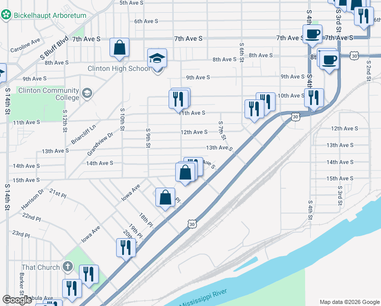map of restaurants, bars, coffee shops, grocery stores, and more near 601-799 13th Ave S in Clinton